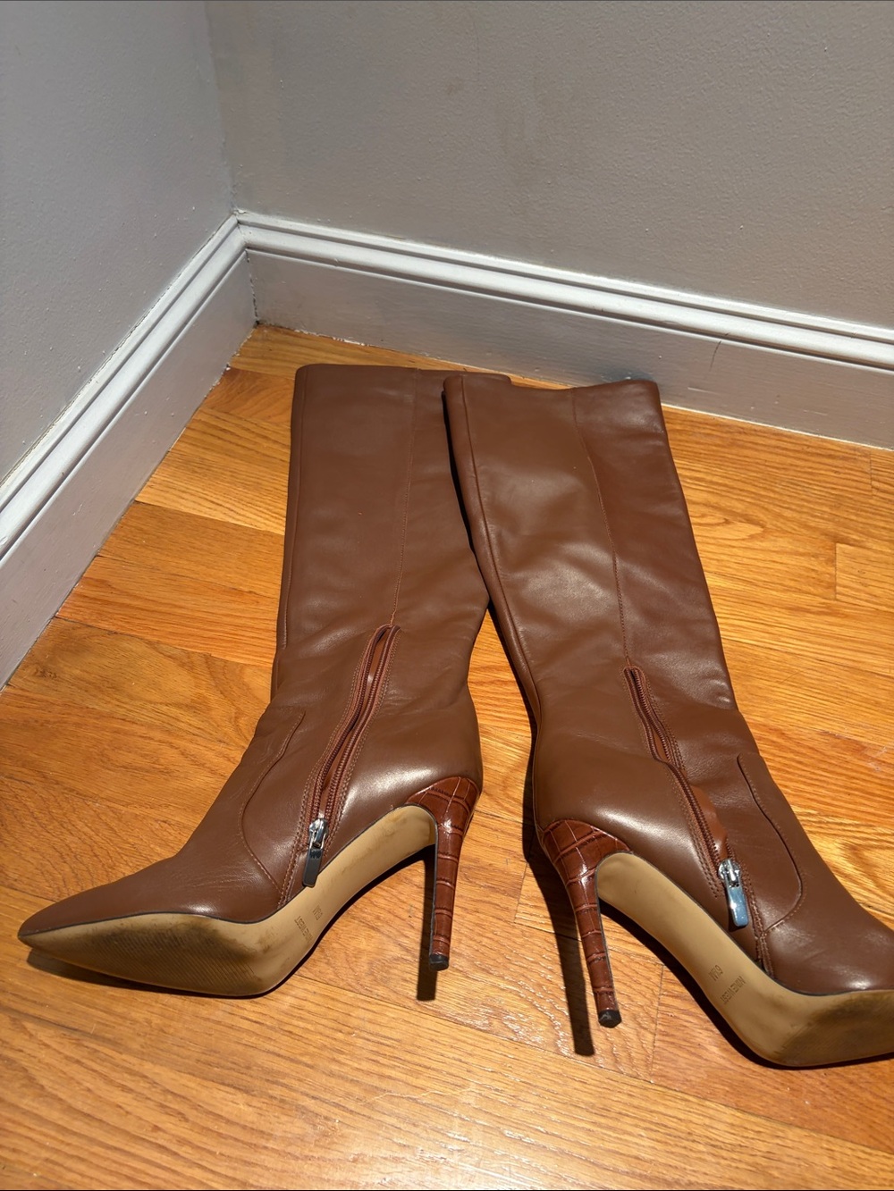 Nine West Brown Leather Knee-High Pointed-Toe Stiletto Boots - Picture 2 of 3